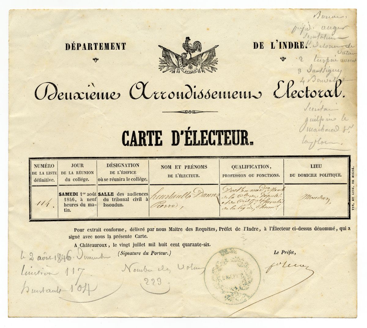 Carte d'électeur de Pierre Heurtault du Mez, 1846.
